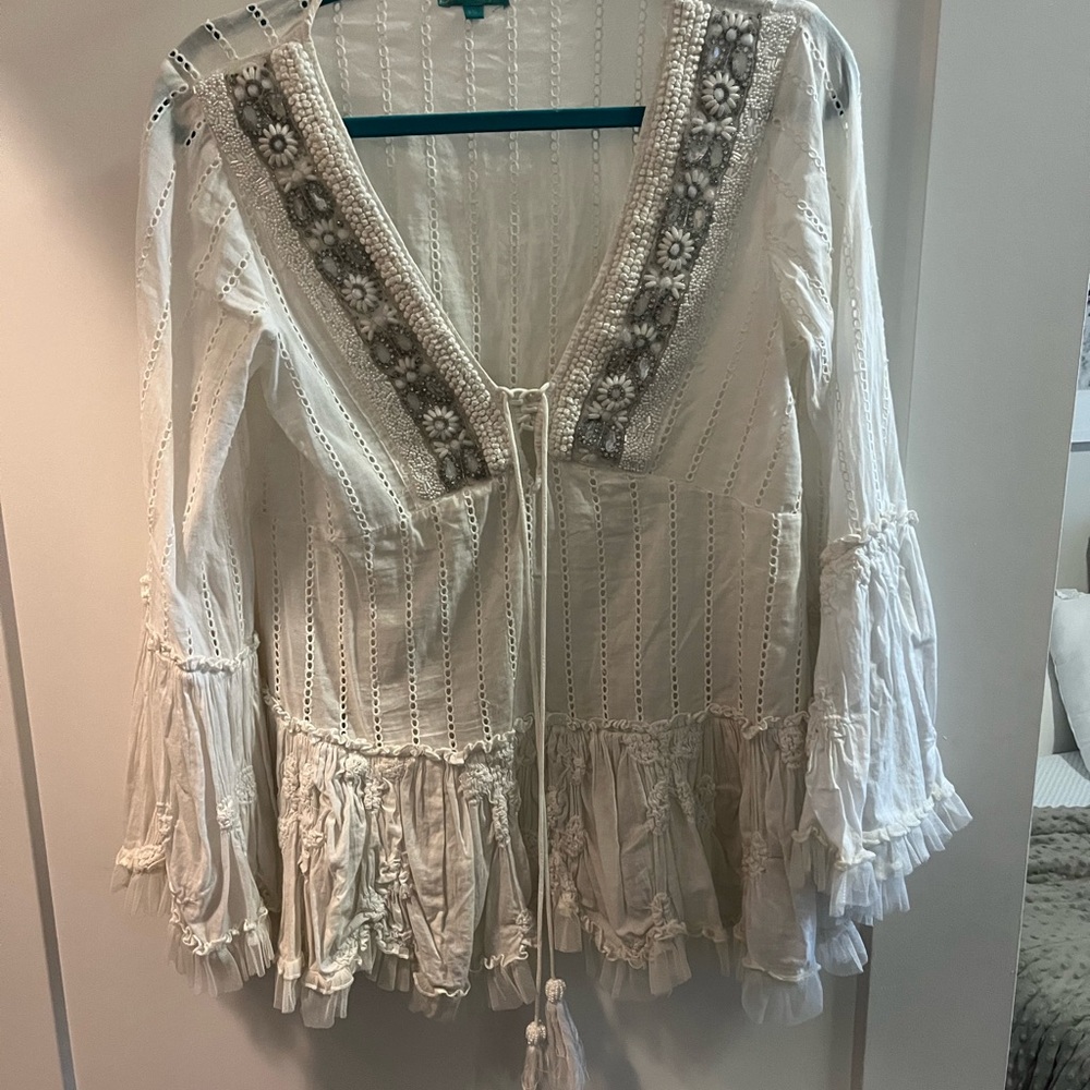 Italian Boho Cream Ruffled Tie Front 3/4 Sleeve Blouse